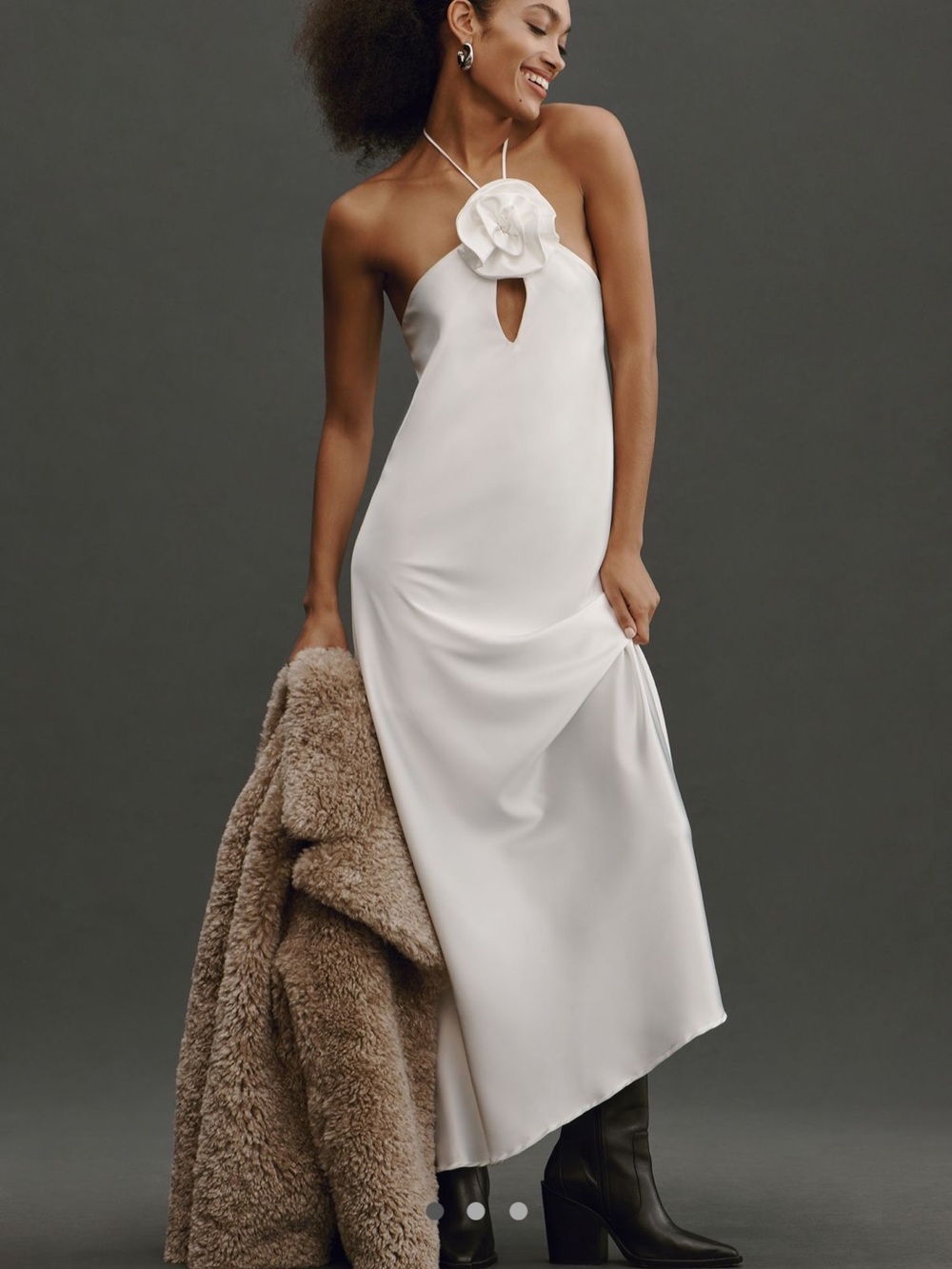Elegant White Halter Slip Dress with Floral Accent